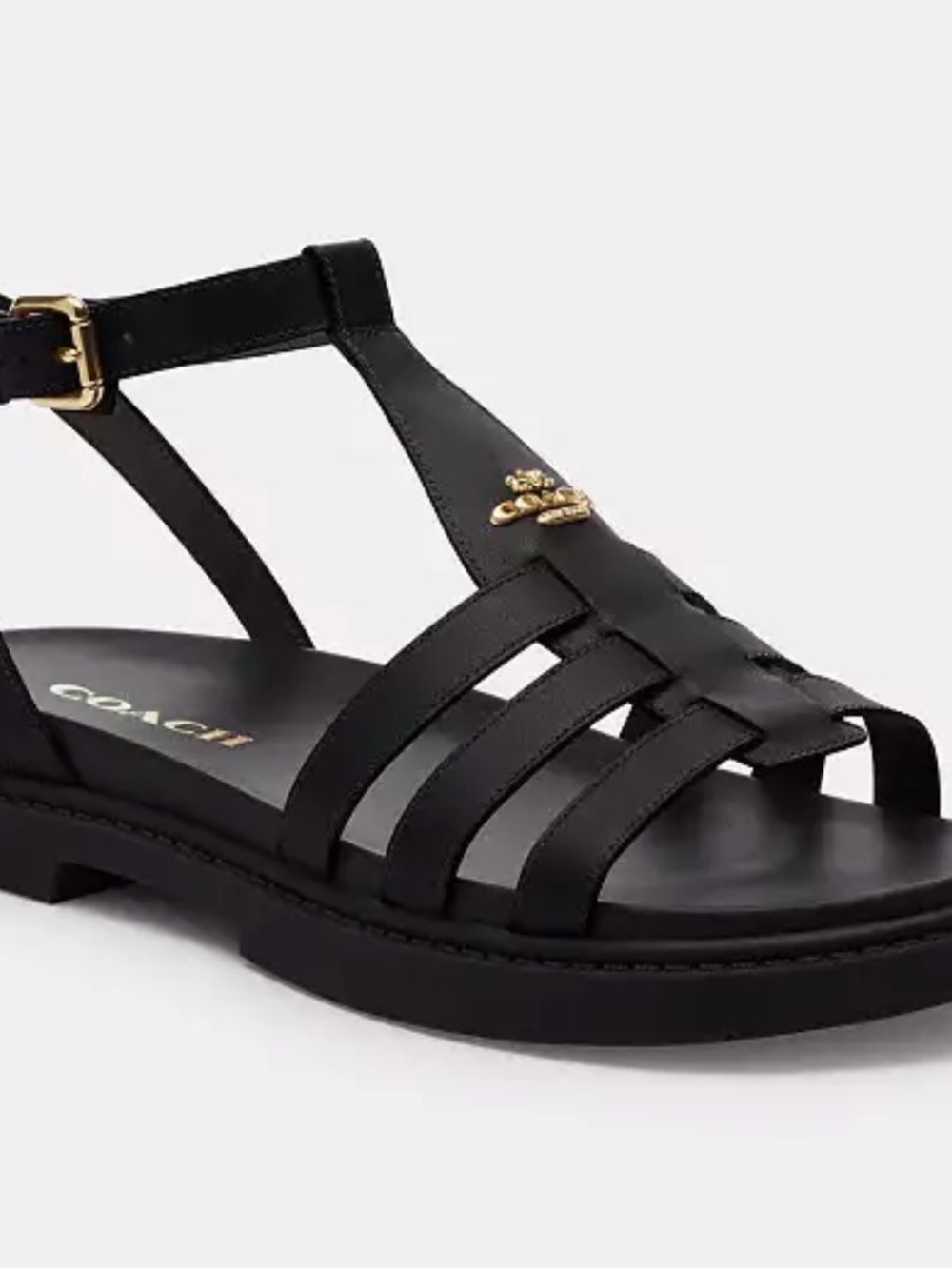 Coach Black Leather Strappy Franny Sandals with Gold Accent - Picture 2 of 3